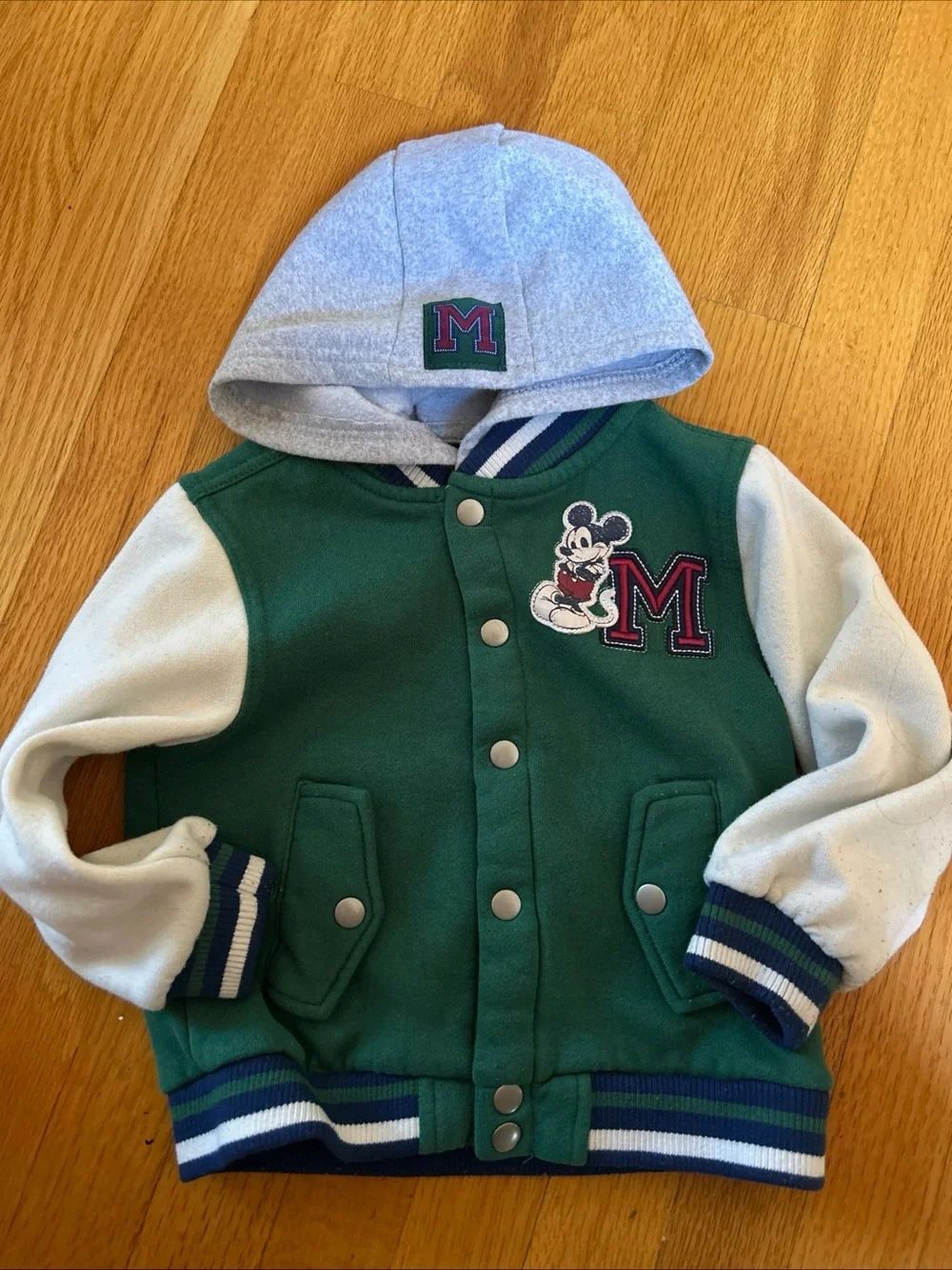 Disney Green Varsity Hoodie Mickey Mouse Jacket with Gray Hood & White Sleeves